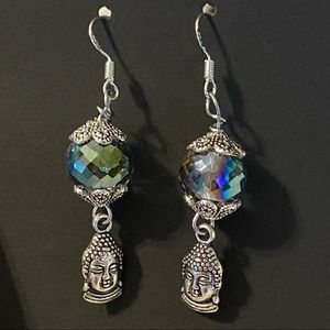 3/$25 Oil Slick Amber Glass Silver Buddha Earrings